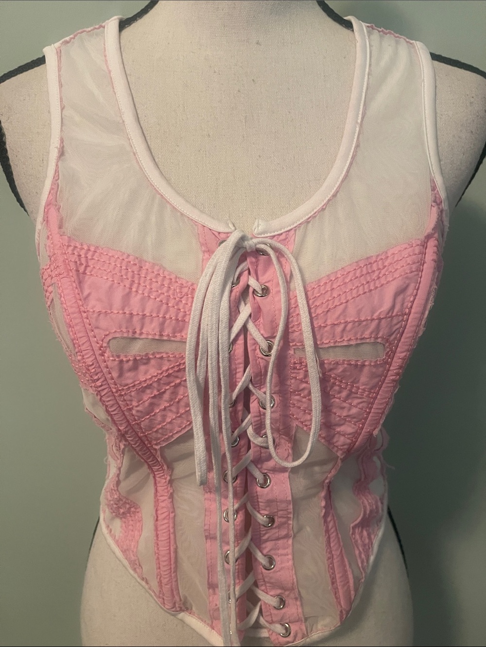 AKIRA Pink Sheer Lace-Up Corset Tank